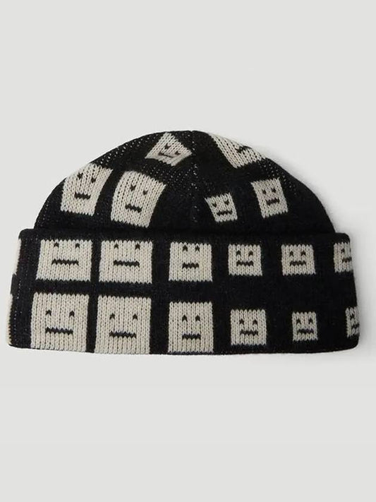 Checkerboard facefold brim wool knit beanie - ACNE STUDIOS - BALAAN 1