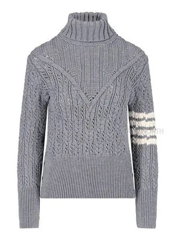 Women's 4 Bar Irish Pointelle Cable Merino Wool Turtleneck Grey - THOM BROWNE - BALAAN 2