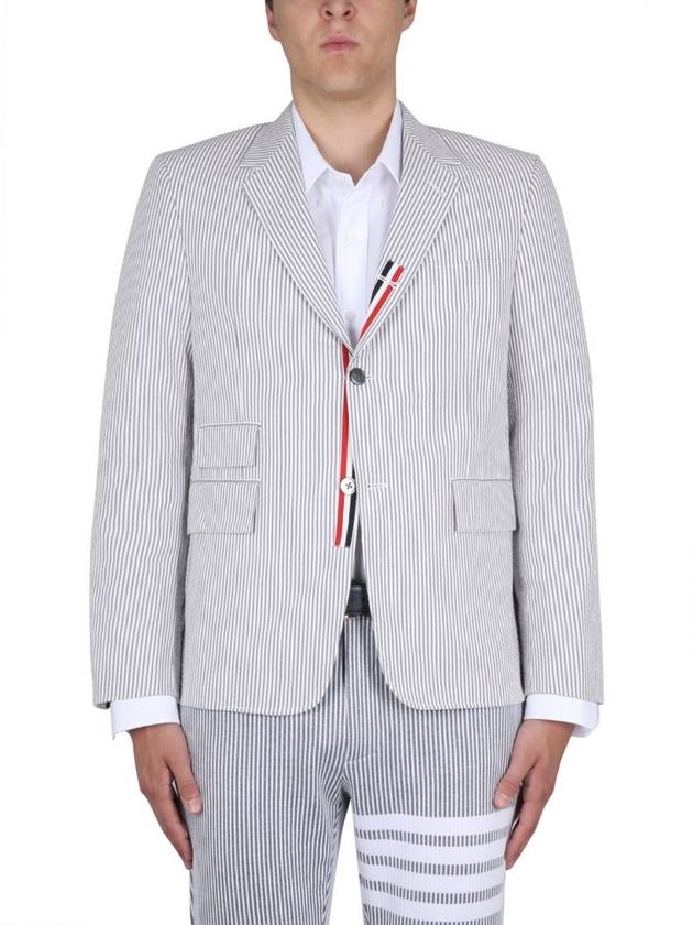 Men's Seersucker Gross Grain Jacket Medium Grey - THOM BROWNE - BALAAN 3