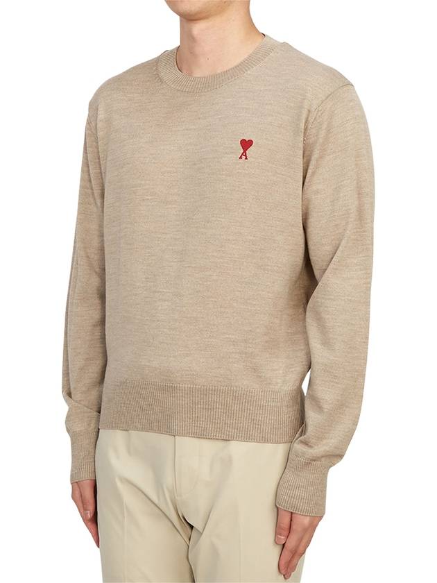 Heart Embroidered Logo Crew Neck Knit Top Beige - AMI - BALAAN 3