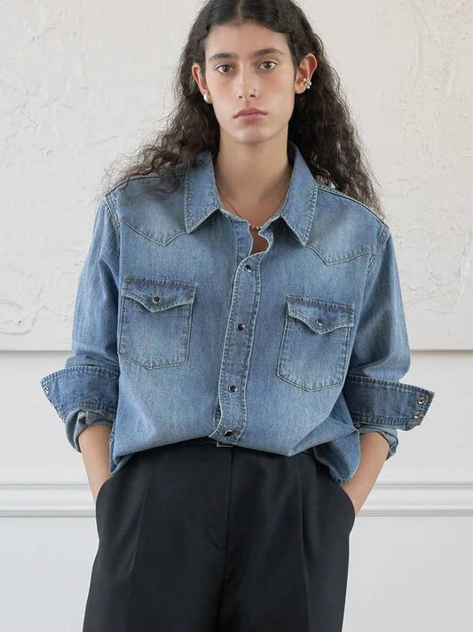 Classic Western Denim Shirt Blue - NOIRER FOR WOMEN - BALAAN 2