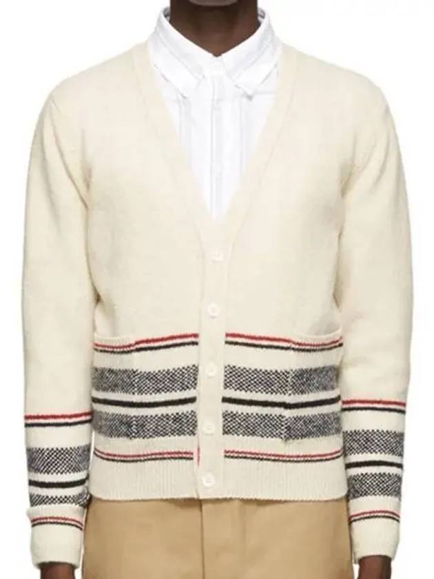 Seasonal Jacquard Striped V-neck Cardigan White - THOM BROWNE - BALAAN 2