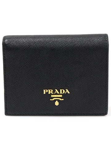 1MV204 Black Saffiano Leather Gold Lettering Flap Half Wallet - PRADA - BALAAN 1