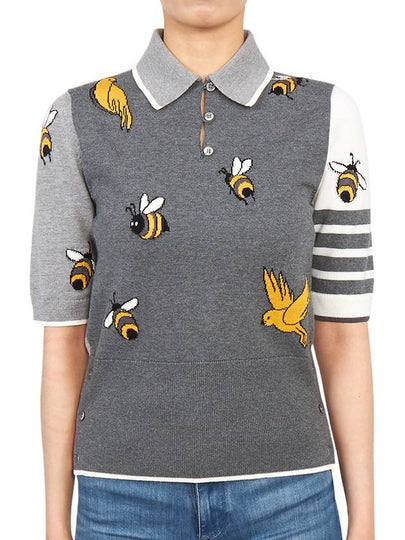 Fun-Mix Cotton Merino Birds and Bees 4-Bar Polo Shirt Tonal Grey - THOM BROWNE - BALAAN 2