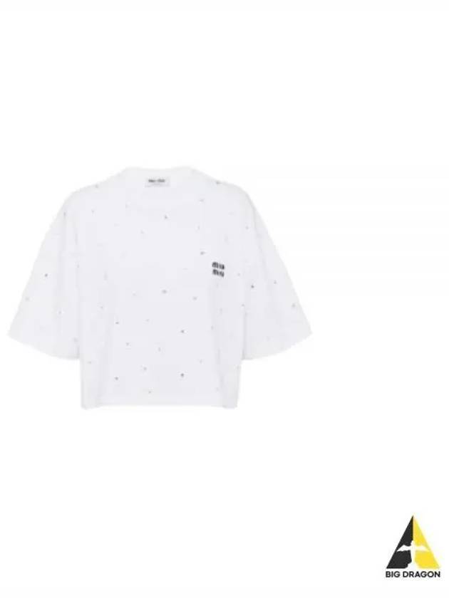 Embroidered Logo Crop Cotton Short Sleeved T-shirt White - MIU MIU - BALAAN 2