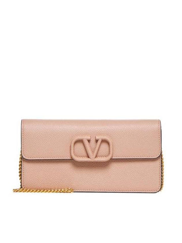 V Logo Signature Chain Grained Calfskin Long Wallet Pink - VALENTINO - BALAAN 1