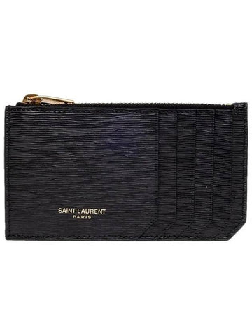 Ripple Embossed Leather Fragments Zip Card Wallet Black - SAINT LAURENT - BALAAN 1