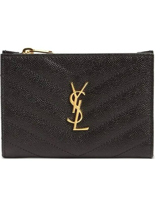 Goldtone YSL metal logo monogram zip pocket bifold leather wallet - SAINT LAURENT - BALAAN 1