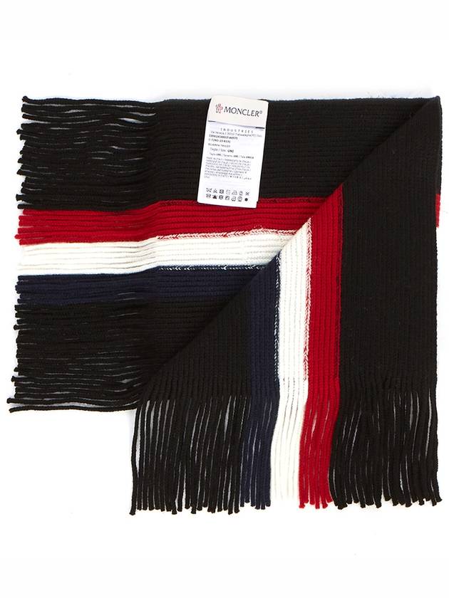 Tricolor Logo Patch Stripe Fringe Wool Muffler Black - MONCLER - BALAAN 5