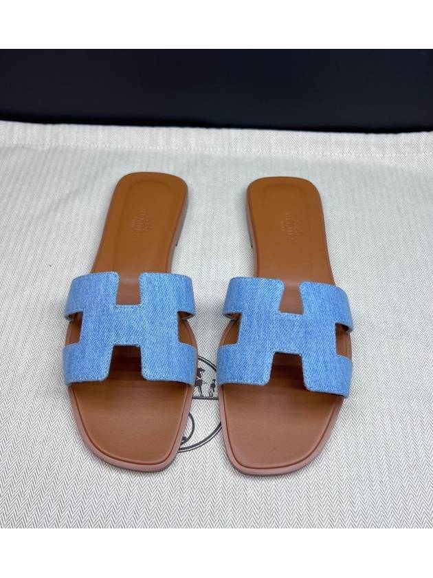 Oran Denim Leather Sandals Blue - HERMES - BALAAN 3