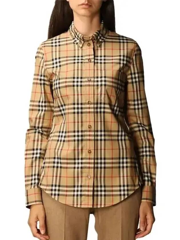 Button Down Collar Vintage Check Stretch Cotton Long Sleeve Shirt Beige - BURBERRY - BALAAN 3