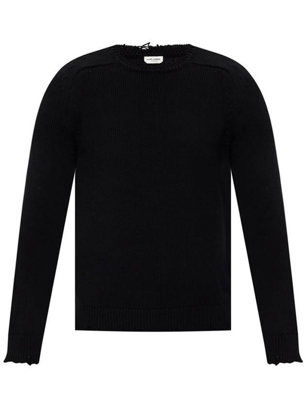 Distressed Cotton Knit Top Black - SAINT LAURENT - BALAAN 1