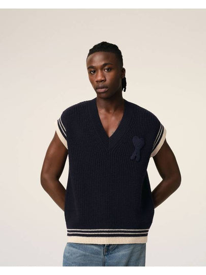 Ribbed V-Neck Wool Vest Navy - AMI - BALAAN 2