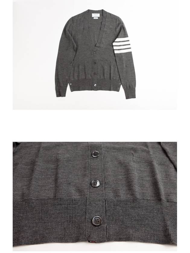 Sustainable Fine Merino Wool 4-Bar Relaxed Fit V-Neck Cardigan Medium Grey - THOM BROWNE - BALAAN 4