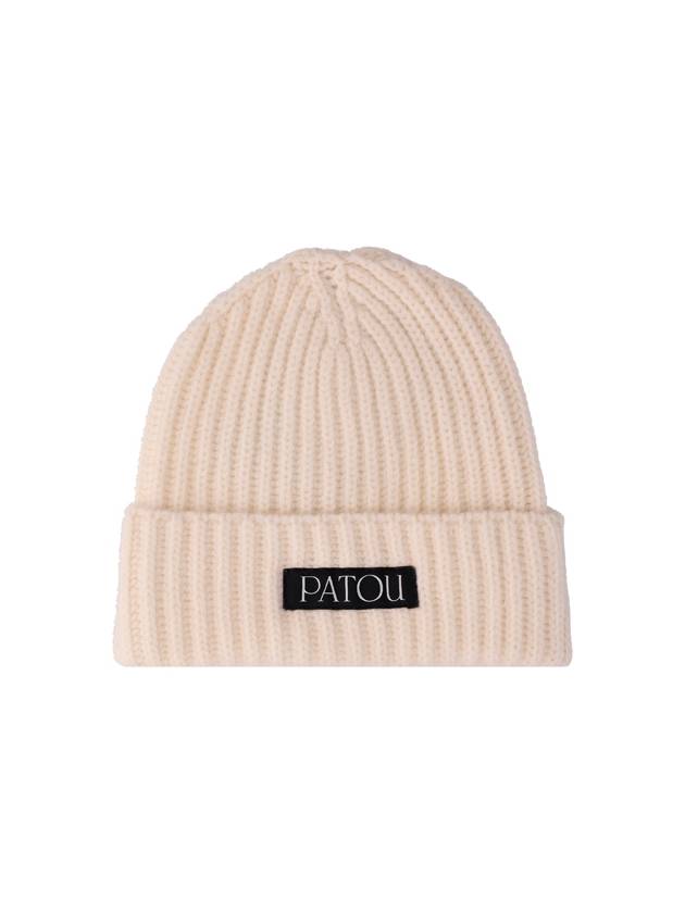 Logo Patch Ribbed Wool Cashmere Beanie White - PATOU - BALAAN 2