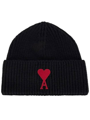 Embroidered Heart Logo Wool Beanie Black - AMI - BALAAN 1