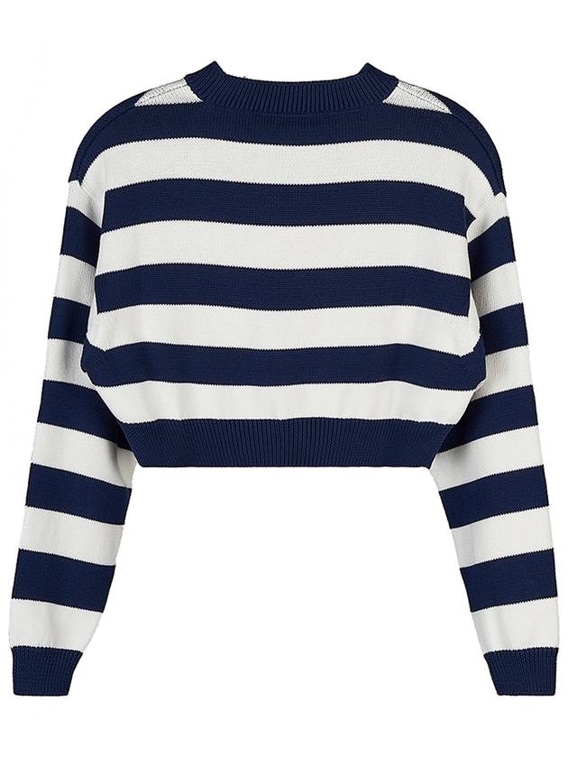 Logo Patch Striped Crop Cotton Knit Top White Navy - KENZO - BALAAN 3