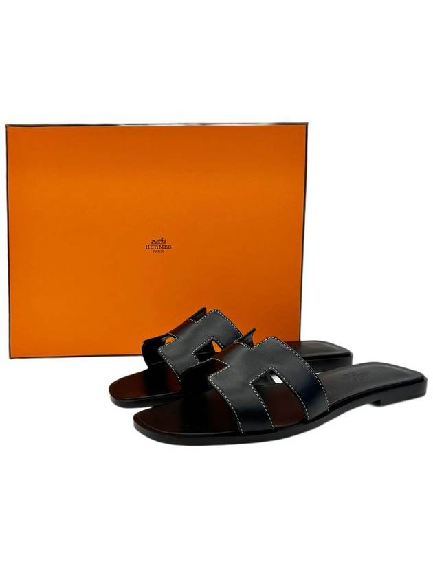 Oran Calfskin Slippers Noir Piqures Ecrues Black - HERMES - BALAAN 2