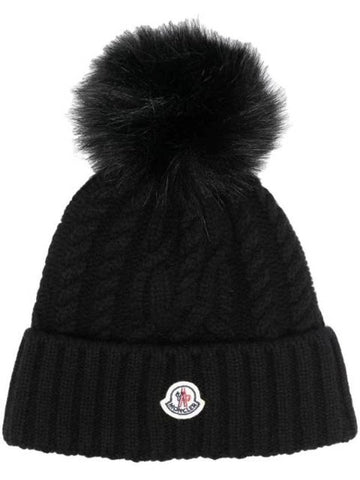 Logo Patch Pom Pom Cashmere Blend Beanie Black - MONCLER - BALAAN 1