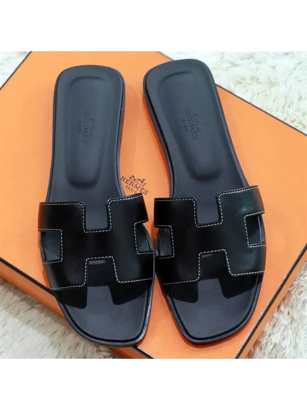 Oran Calfskin Slippers Noir Piqures Ecrues Black - HERMES - BALAAN 2