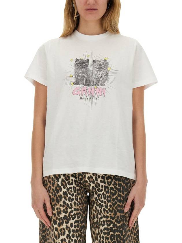 Relax Fit Basic Kitten Short Sleeved T-Shirt White - GANNI - BALAAN 2