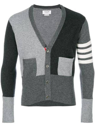 4 Bar V-Neck Fun Mix Cashmere Cardigan Grey - THOM BROWNE - BALAAN 1