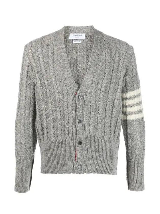 Donegal Twist Cable 4 Bar Classic V Neck Cardigan Light Grey - THOM BROWNE - BALAAN 2