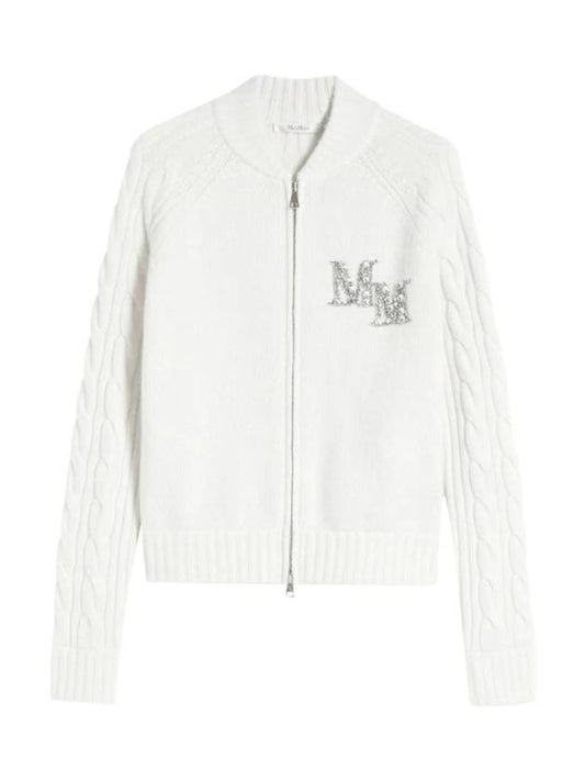 Women's Crystal Logo Wool Cashmere Zip-Up Cardigan White - MAX MARA - BALAAN 1