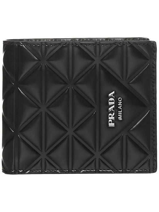 logo print brush leather halfwallet black - PRADA - BALAAN 1