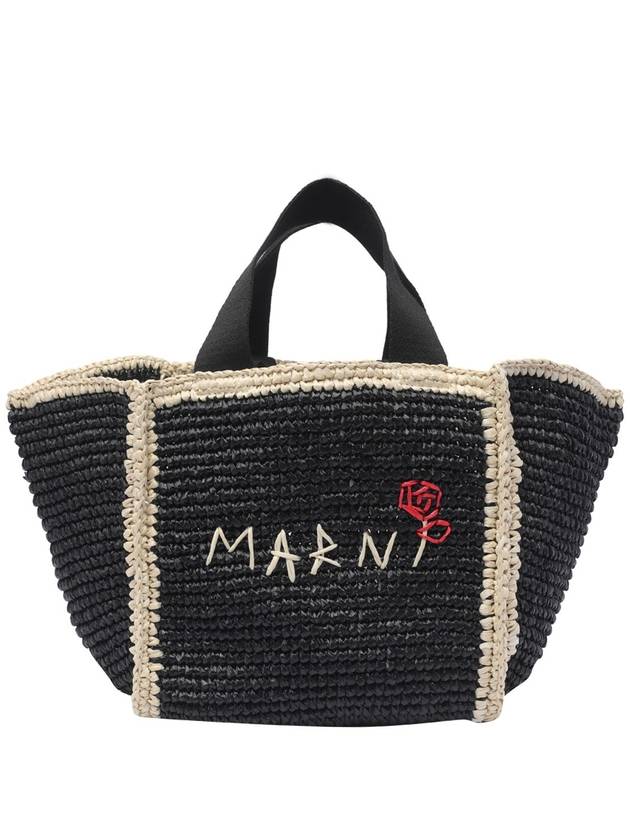 Embroidered Logo Woven Tote Bag Black - MARNI - BALAAN 2