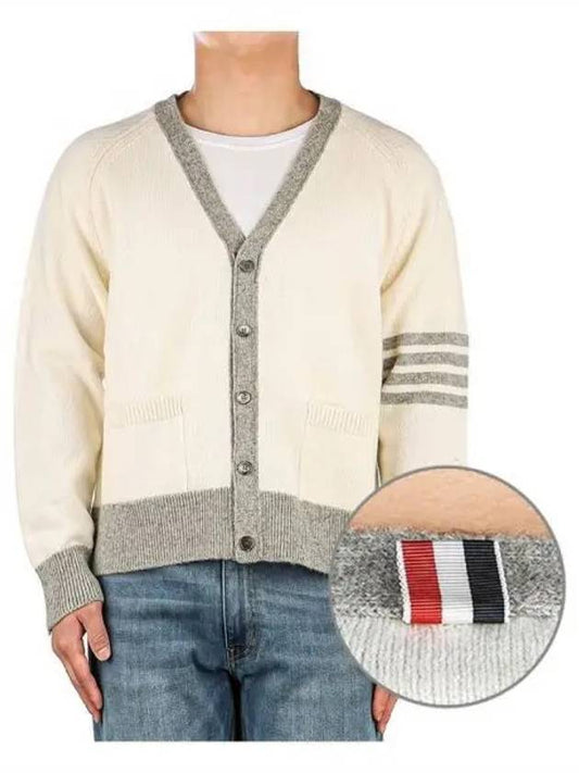 V-Neck 4-Bar Wool Cardigan White - THOM BROWNE - BALAAN 2