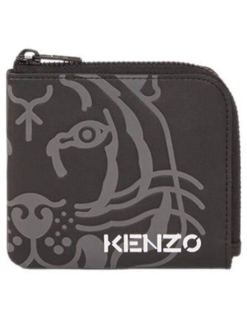 Tiger Logo Zipper Leather Card Wallet Black - KENZO - BALAAN 1