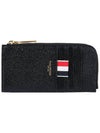 Stripe Zip Around Pebble Grain Leather Card Wallet Black - THOM BROWNE - BALAAN 3