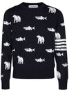 Men's Diagonal Bear Salmon Half Drop Wool Knit Top Navy - THOM BROWNE - BALAAN 1