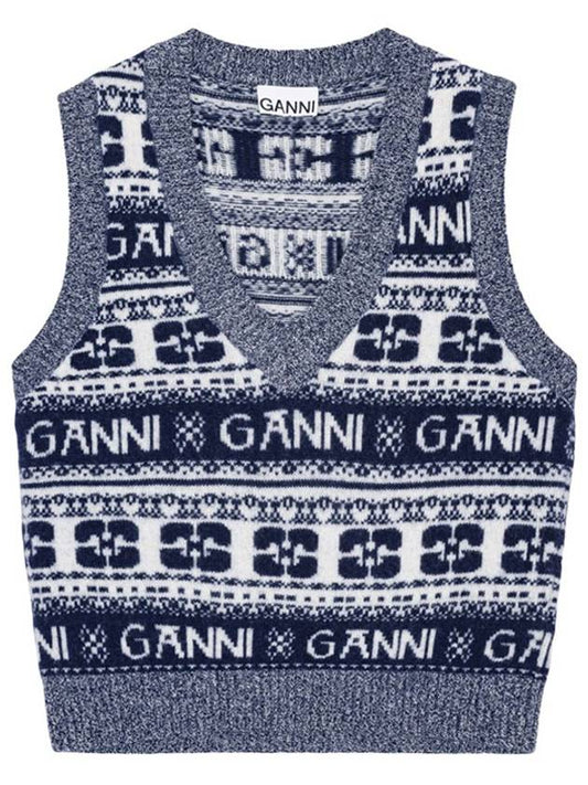 Logo Wool Mix Vest Knit Top Sky Captain - GANNI - BALAAN 2