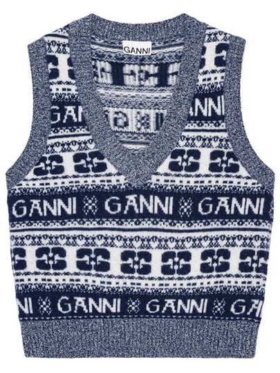 Logo Wool Mix Vest Knit Top Sky Captain - GANNI - BALAAN 2