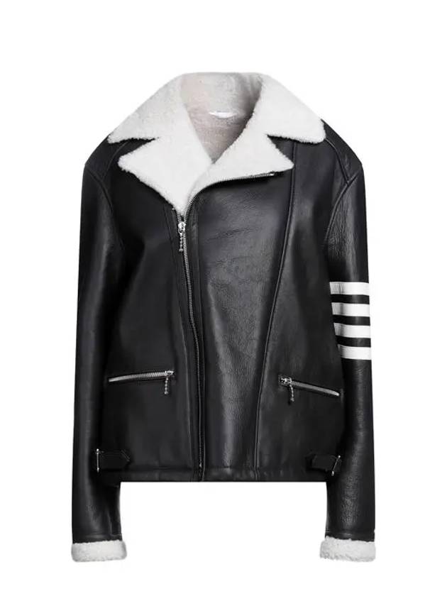 Reverse Shearling Perfec 4 Bar Leather Biker Jacket Black - THOM BROWNE - BALAAN 3