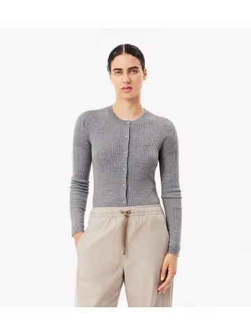 Women s slim fit ribbed crew neck cardigan melange gray - LACOSTE - BALAAN 1