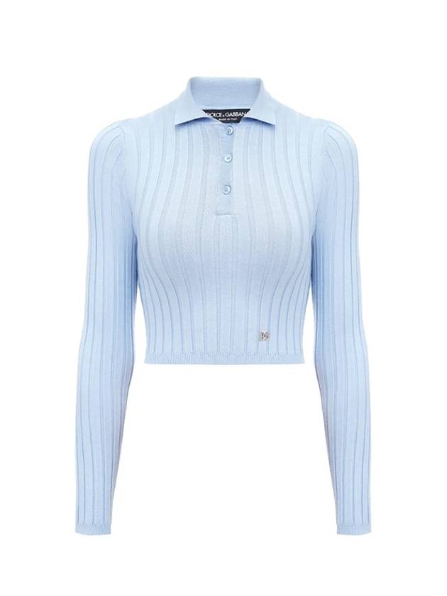 Logo Plaque Knitted Polo Shirt Light Blue - DOLCE&GABBANA - BALAAN 2