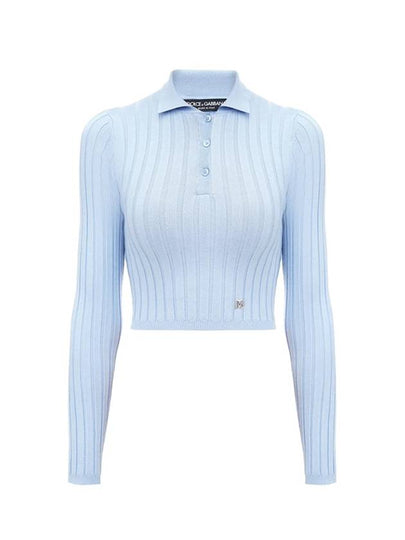 Logo Plaque Knitted Polo Shirt Light Blue - DOLCE&GABBANA - BALAAN 2