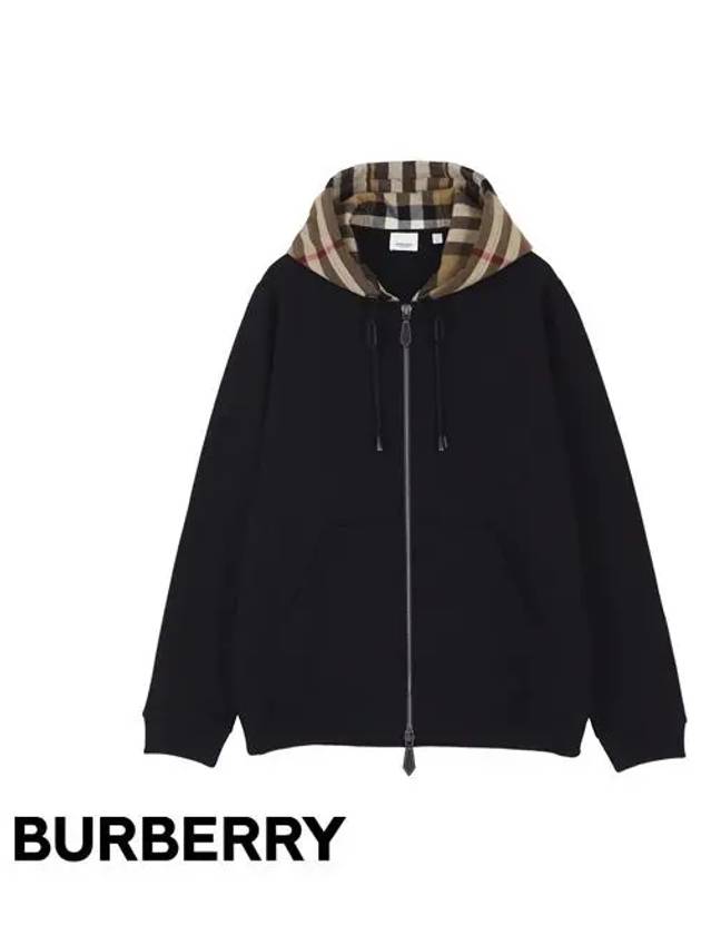 Check Cotton Blend Hoodie Zip-Up Top Black Birch Brown - BURBERRY - BALAAN 2