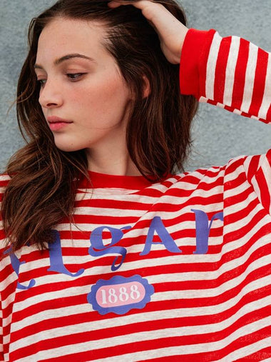 Drop Shoulder Stripe Loose Fit Long Sleeve T-Shirt Red - SORRY TOO MUCH LOVE - BALAAN 1