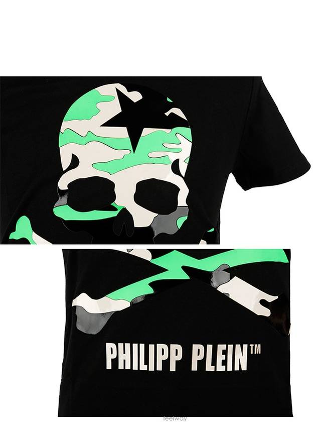 Green Camo Skull Cotton Short Sleeve T-Shirt Black - PHILIPP PLEIN - BALAAN 6