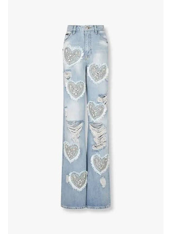 Women s Crystal Heart Straight Jeans Light Blue - PHILIPP PLEIN - BALAAN 1