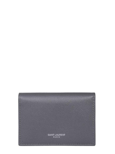 Business Flap in Grain De Poudre Embossed Leather Card Wallet Grey - SAINT LAURENT - BALAAN 1