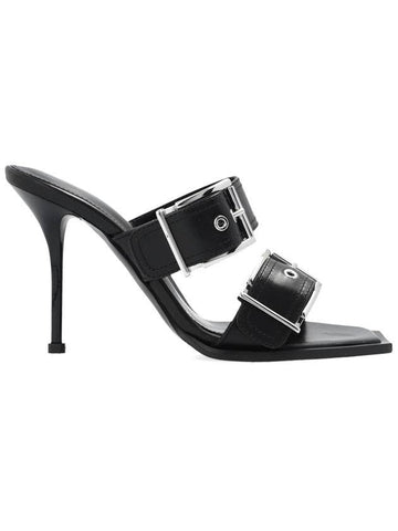 Women Double Buckle Punk Heel Slippers Black - ALEXANDER MCQUEEN - BALAAN 1