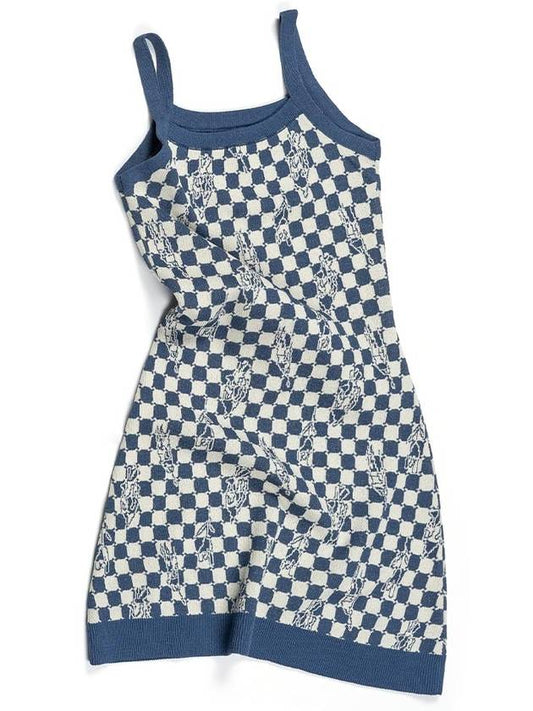 Women's Checkerboard Optical Illusion Sleeveless Knit One Piece Navy I4SO01NV - IOEDLE - BALAAN 1