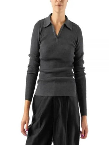 SUPER FINE WOOL HIGH GAUGE RIB KNIT POLO TOP CHARCOAL A23AP02HW - AURALEE - BALAAN 1