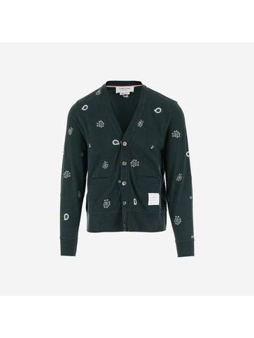 Classic Pique All Over Paisley Embroidered V-neck Cardigan Dark Green - THOM BROWNE - BALAAN 1