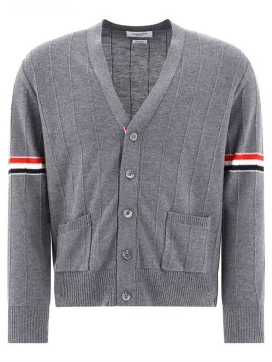 RWB V-neck Striped Virgin Wool Cardigan Grey - THOM BROWNE - BALAAN 2